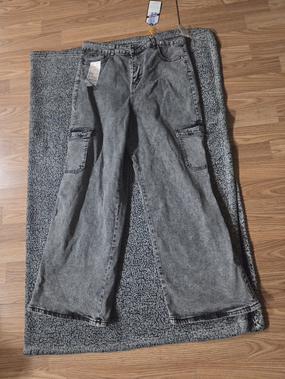 High-Rise Acid Wash Grey Wide-Leg Cargo Jeans
